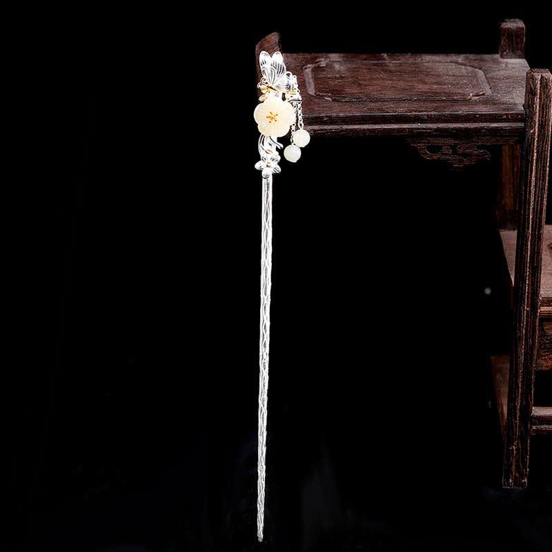 Nimara Ritual 925 Sterling Silver Hetian White Jade Flower Blessing Hairpin