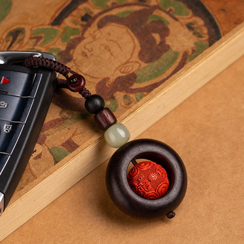 Nimara Ritual Tibet Om Mani Padme Hum PiXiu Copper Coin Small Leaf Red Sandalwood Cinnabar Protection Key Chain