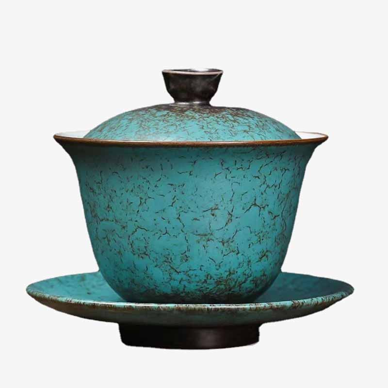 Nimara Ritual Traditional Pine Tree Green Ceramic Gaiwan Sancai Teacup Kung Fu Tea Cup And Saucer With Lid
