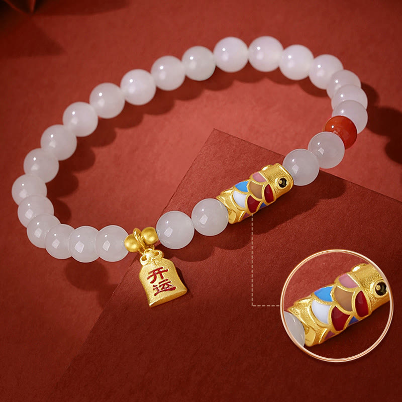 Nimara Ritual 925 Sterling Silver Hetian White Jade Red Agate Koi Fish Luck Happiness Bracelet