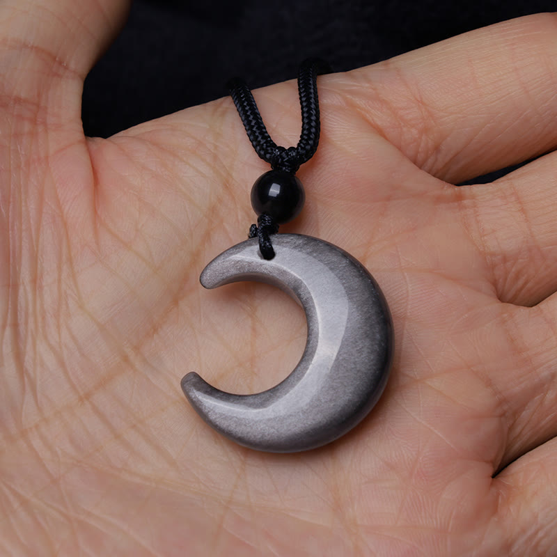 Nimara Ritual Natural Silver Sheen Obsidian Selenite Crystal Crescent Moon Yin Yang Couple Protection Necklace Pendant