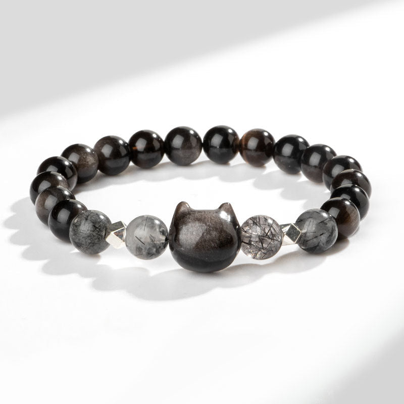 Nimara Ritual Natural Silver Sheen Obsidian Cute Cat Head Protection Bracelet