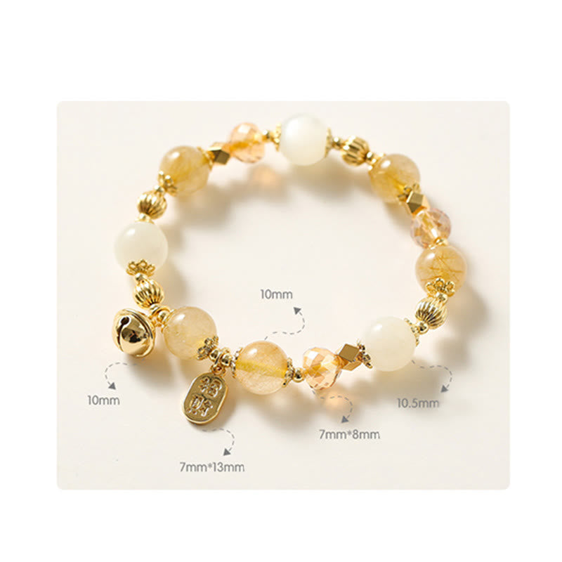 Nimara Ritual 14K Gold Plated Golden Rutilated Quartz Wealth Bell Lucky Fortune Charm Bracelet