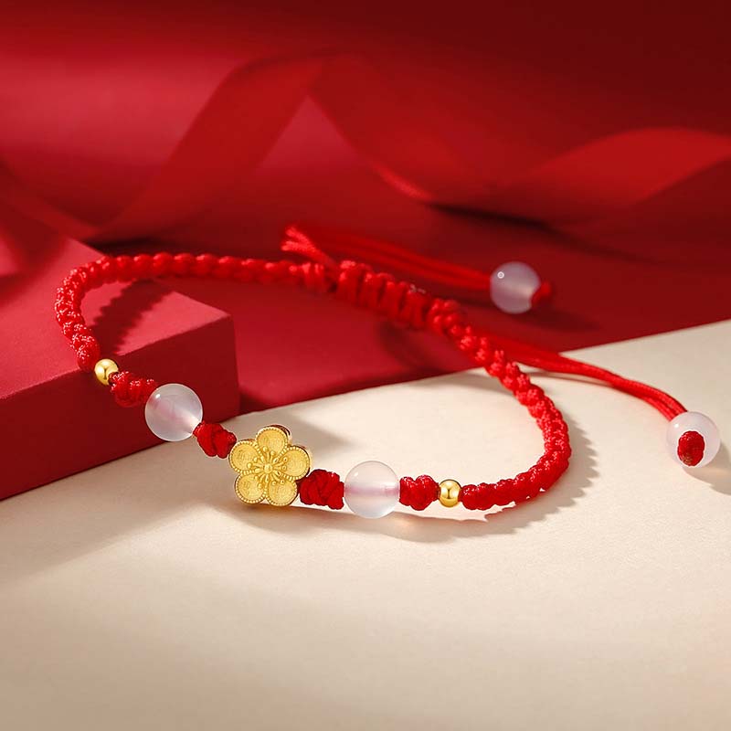 Nimara Ritual Handmade 925 Sterling Silver Peach Blossom Cherry Sakura Chalcedony Bead Luck Red Rope Bracelet