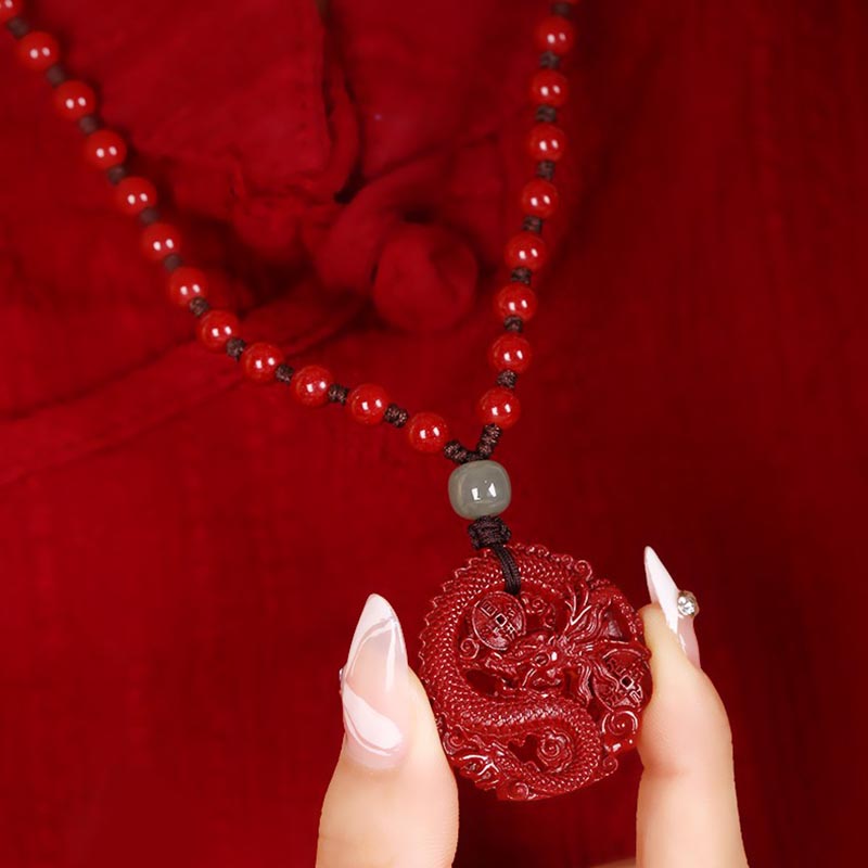Nimara Ritual Year Of The Dragon Natural Cinnabar Hetian Jade Bead Copper Coin Attract Wealth Strength Necklace Pendant