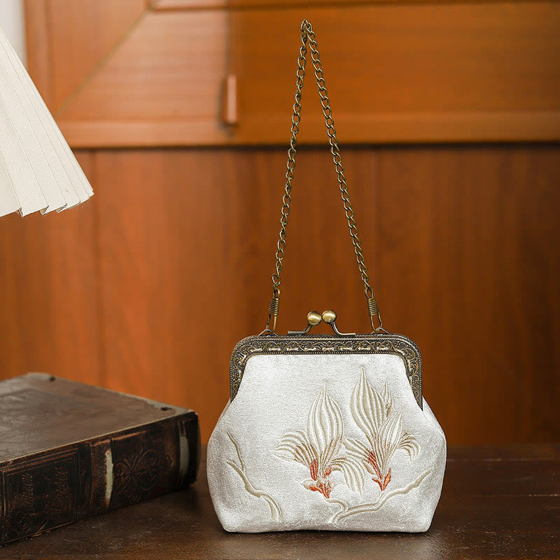 Nimara Ritual Orchids Oriental Cherry Butterfly Embroidery Metal Handle Handbag