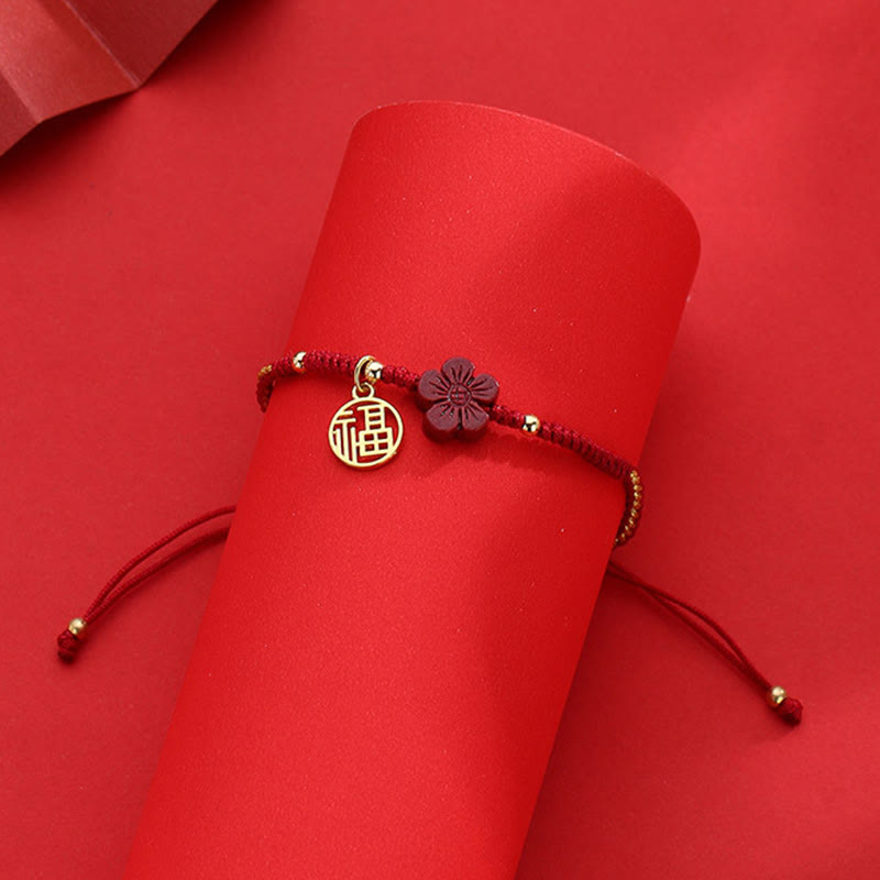Nimara Ritual Cinnabar Flower Fu Character Blessing Braided String Bracelet
