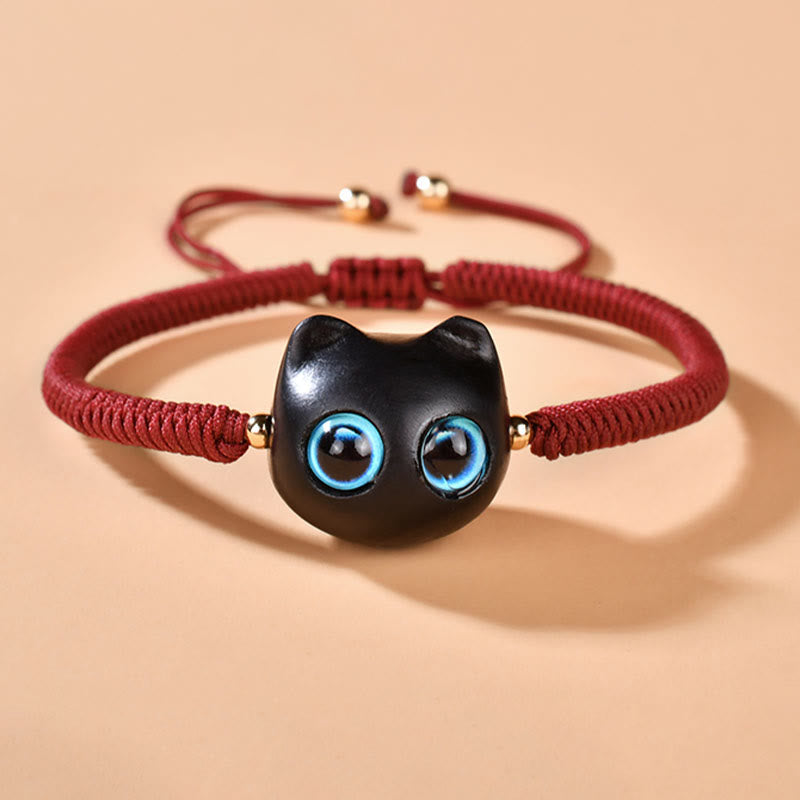 Nimara Ritual Ebony Wood Cat Head Pattern Peace King Kong Knot Braided Bracelet