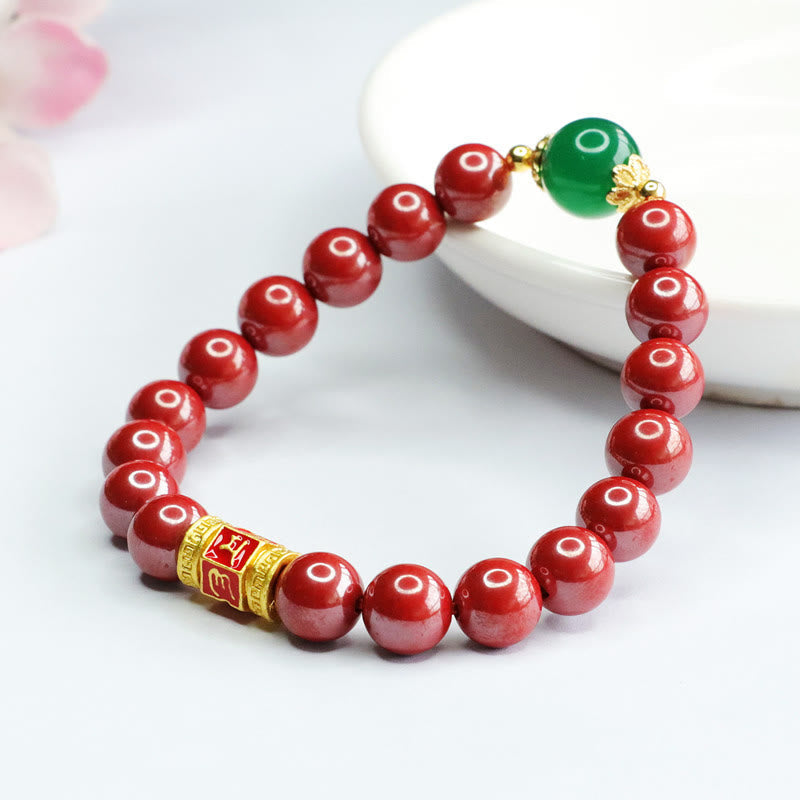 Nimara Ritual Natural Cinnabar Green Agate Om Mani Padme Hum Pattern Blessing Bracelet