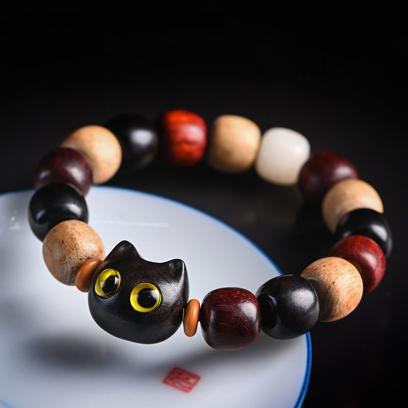 Nimara Ritual Small Leaf Red Sandalwood Ebony Wood Cute Cat Engraved Protection Bracelet