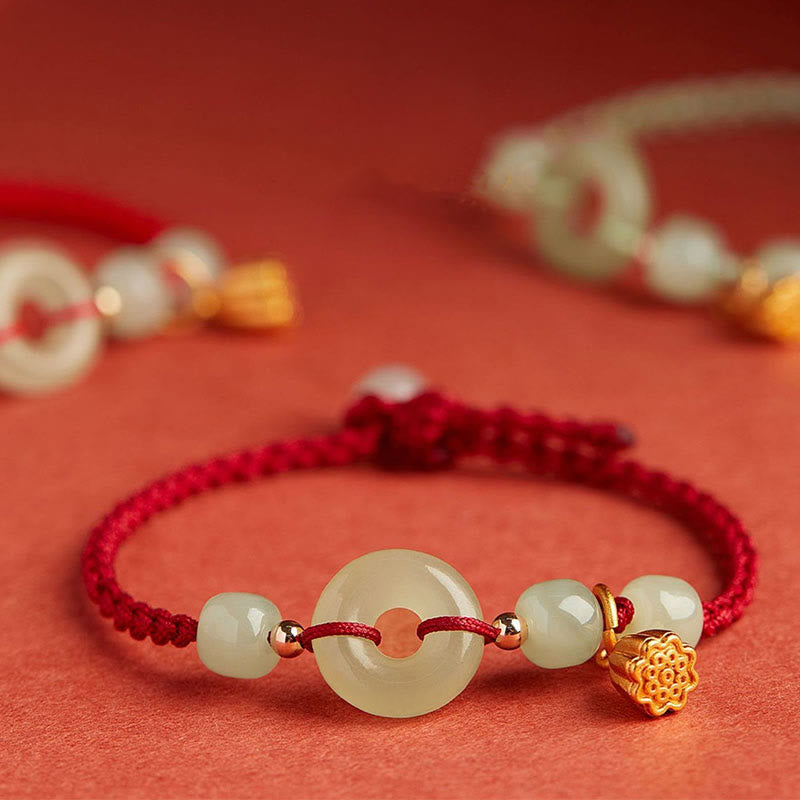 Nimara Ritual Round Peace Buckle Jade Lotus Happiness Abundance Wealth String Bracelet