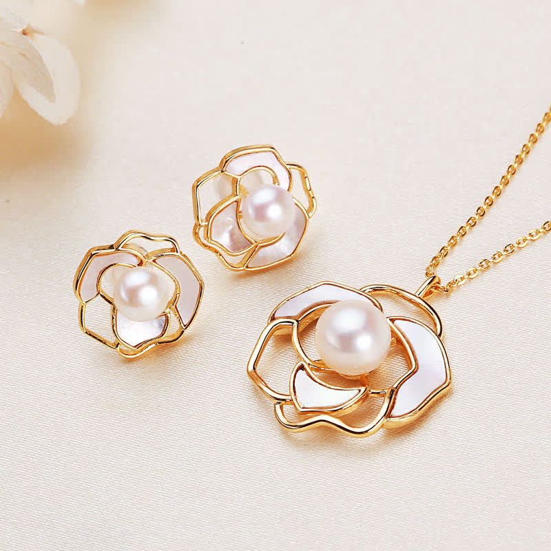 Nimara Ritual 925 Sterling Silver Pearl Camellia Pattern Happiness Necklace Pendant Earrings