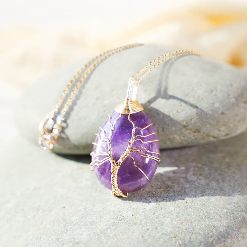 Nimara Ritual Natural Quartz Crystal Tree Of Life Healing Energy Necklace Pendant