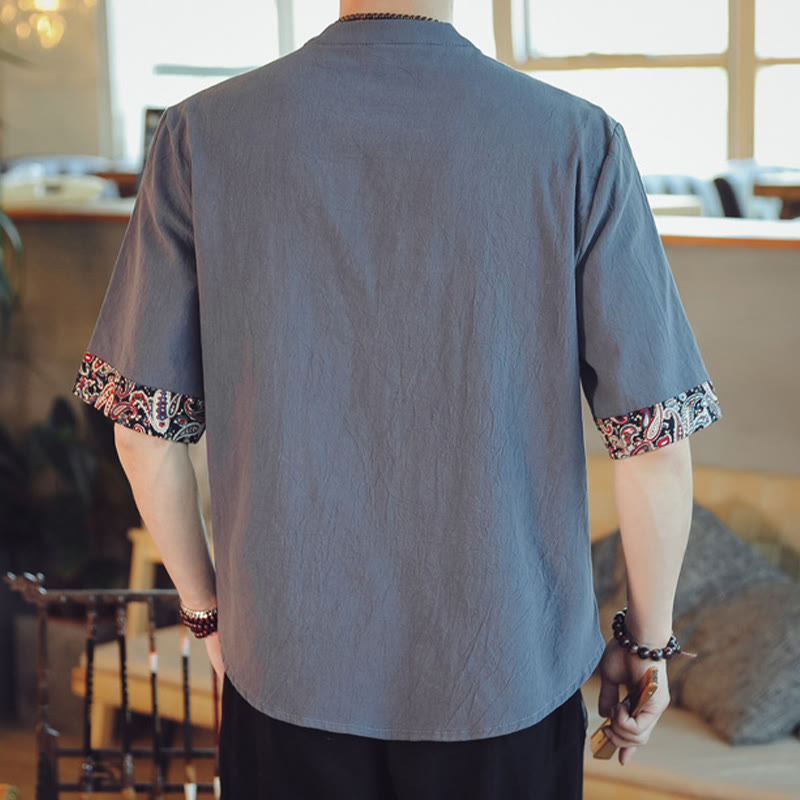Nimara Ritual Frog-Button Dragon Embroidery Chinese Tang Suit Short Sleeve Shirt Men Clothing