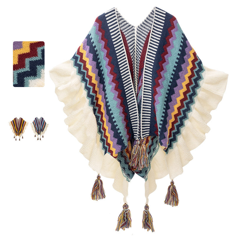 Nimara Ritual Tibetan Shawl Colorful Striped Wavy Line Tassels Winter Cozy Travel Scarf Wrap