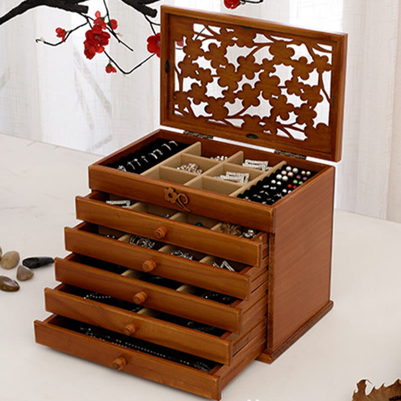 Nimara Ritual Vintage Plum Blossom Carved Wooden Jewelry Box Six-Layer Jewelry Storage Box