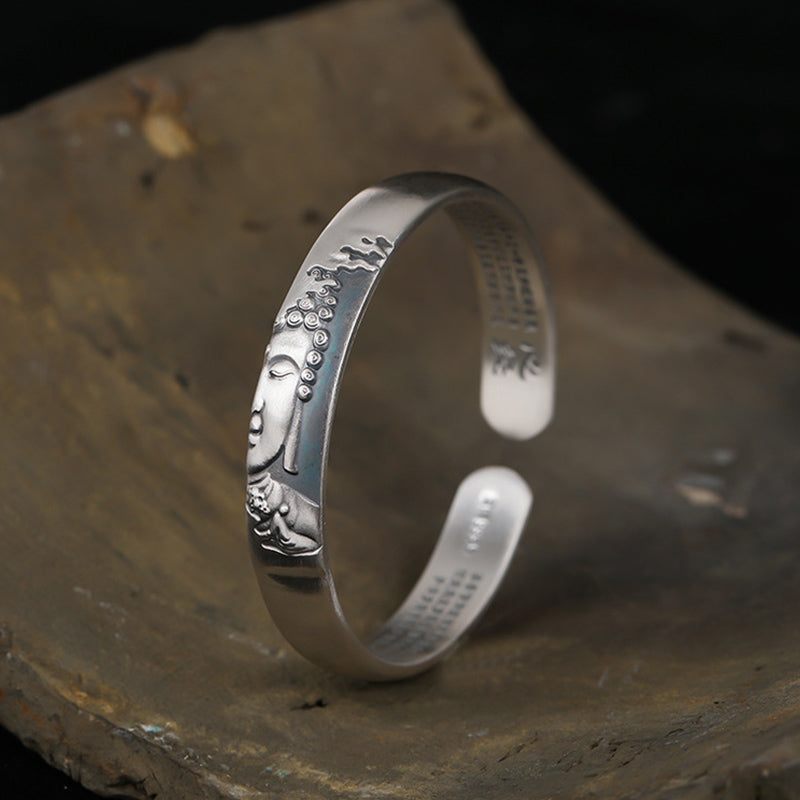 Nimara Ritual 999 Sterling Silver Buddha Head Heart Sutra Serenity Bracelet Bangle