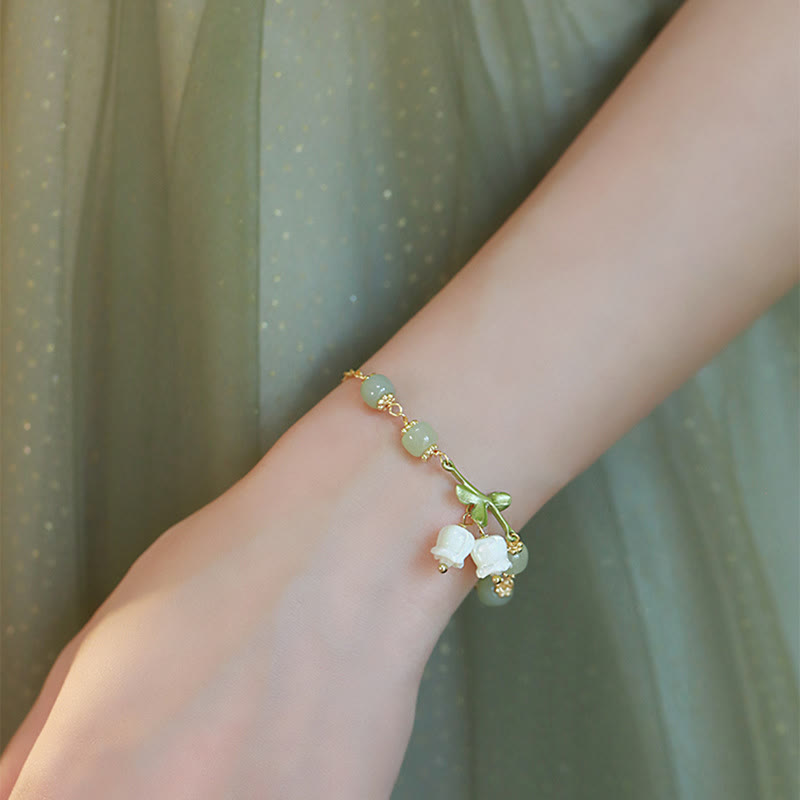 Nimara Ritual Green Jade Bead Lily of the Valley Prosperity Chain Bracelet