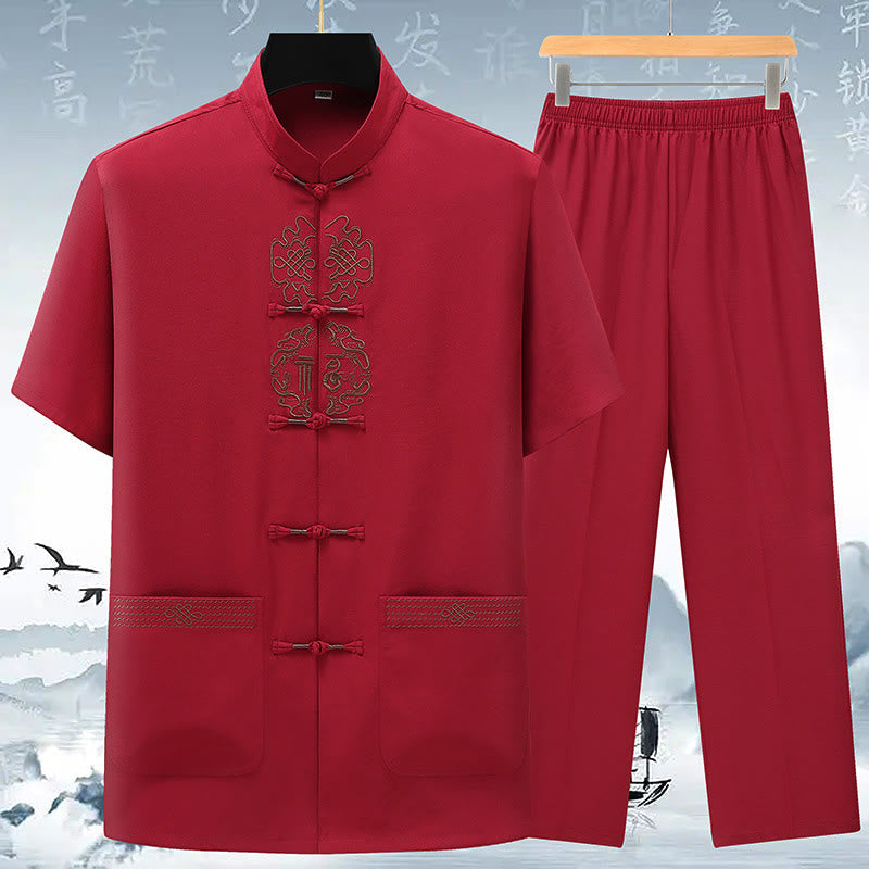 Nimara Ritual Fu Character Chinese Knotting Embroidery Tang Suit Traditional Short Sleeve Top Pants Clothing Men's Set