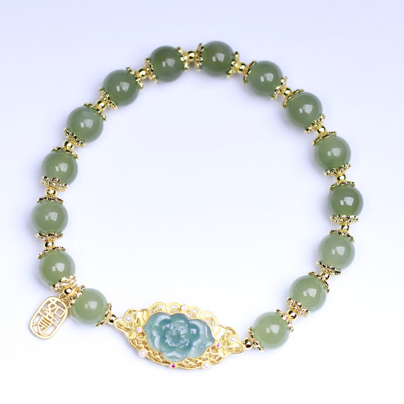Nimara Ritual 925 Sterling Silver Plated 14K Gold Hetian Jade Lotus Luck Bracelet