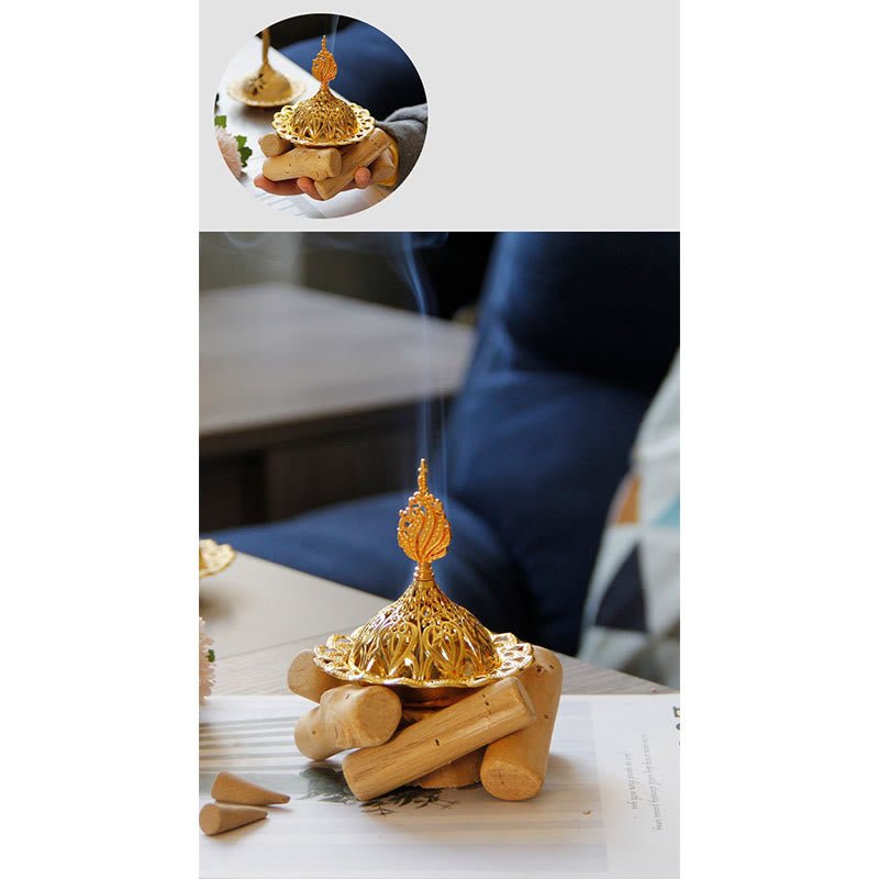 Nimara Ritual Gold Alloy Healing Mini Incense Burner With Wooden Coaster Home Decor