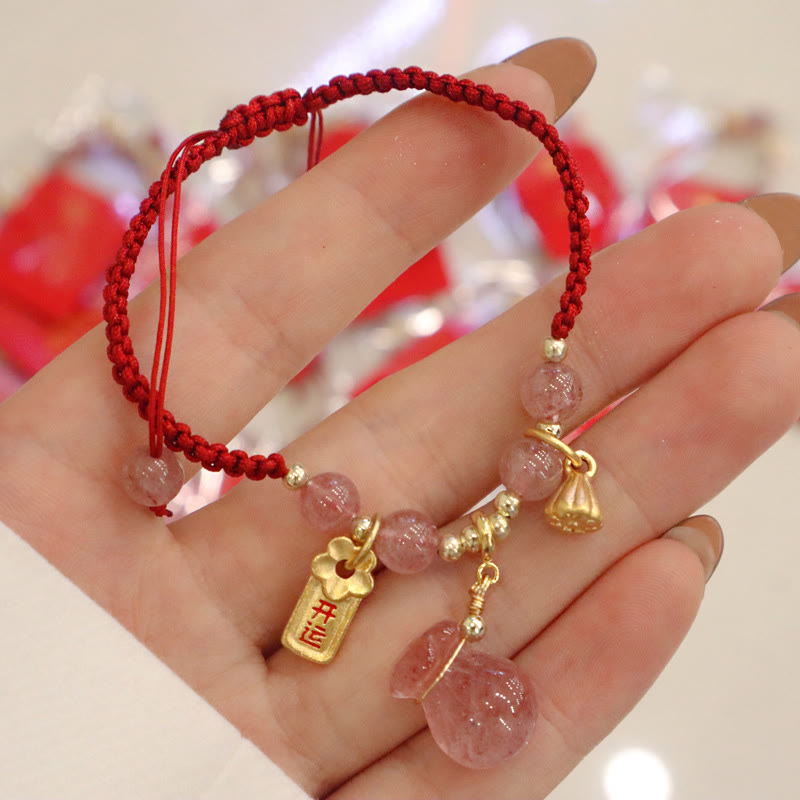 Nimara Ritual Natural Strawberry Quartz Money Bag Lotus Healing Charm Red String Braided Bracelet