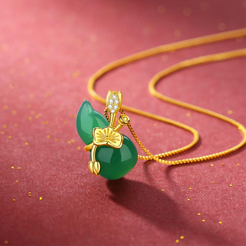 Nimara Ritual Cyan Jade Gourd Lotus Leaf Abundance Pendant Necklace