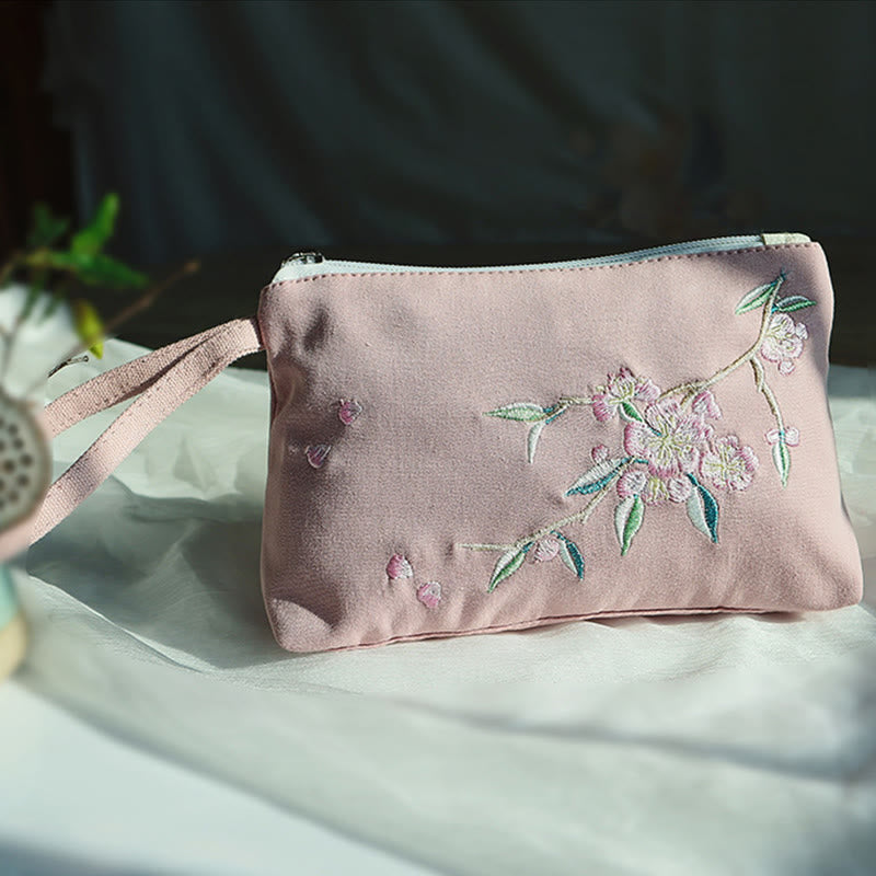 Nimara Ritual Small Flower Plum Cherry Crane Peach Blossom Embroidery Canvas Wallet Shopping Purse