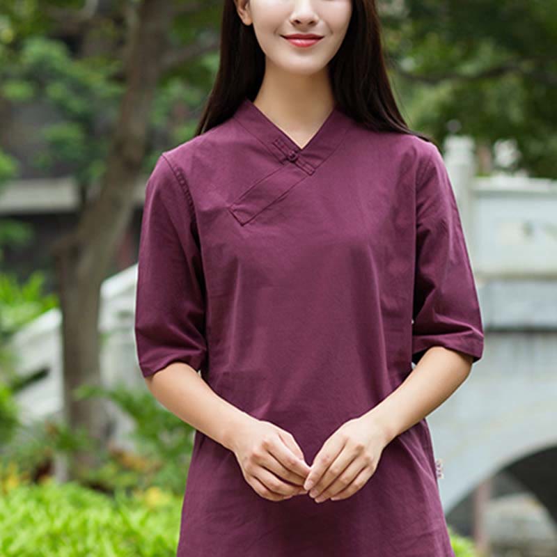 Nimara Ritual 2Pcs Half Sleeve V-Neck Shirt Top Pants Meditation Zen Tai Chi Linen Clothing Women's Set