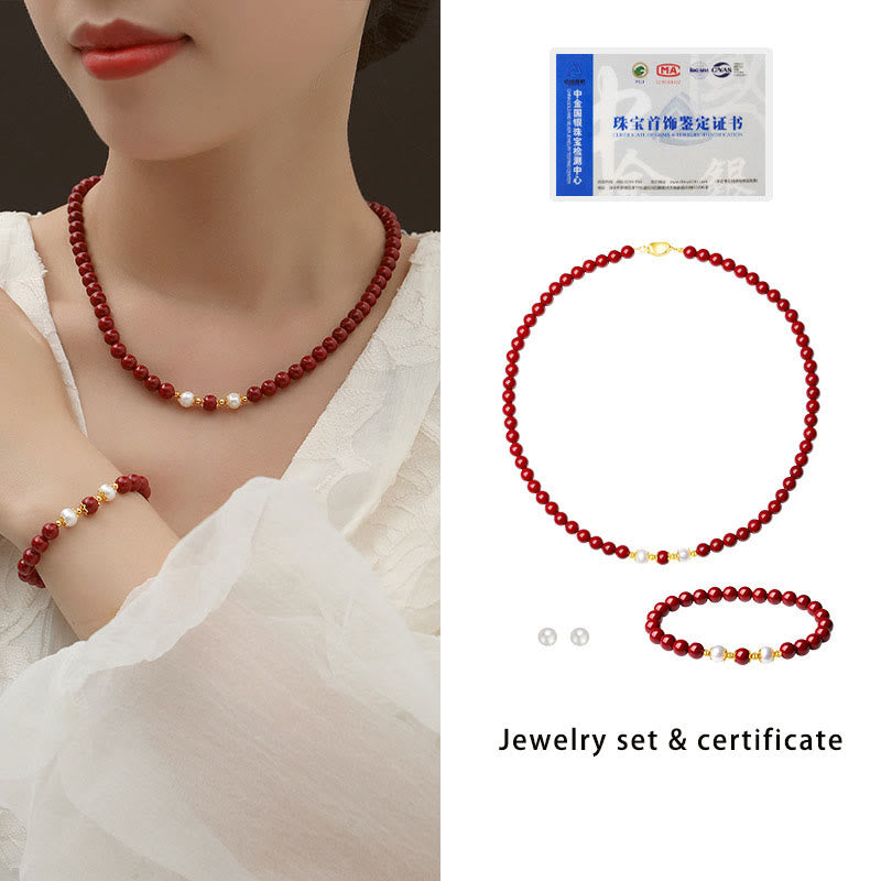 Nimara Ritual 925 Sterling Silver Natural Cinnabar Pearl Blessing Necklace Pendant Bracelet Earrings Jewelry Set