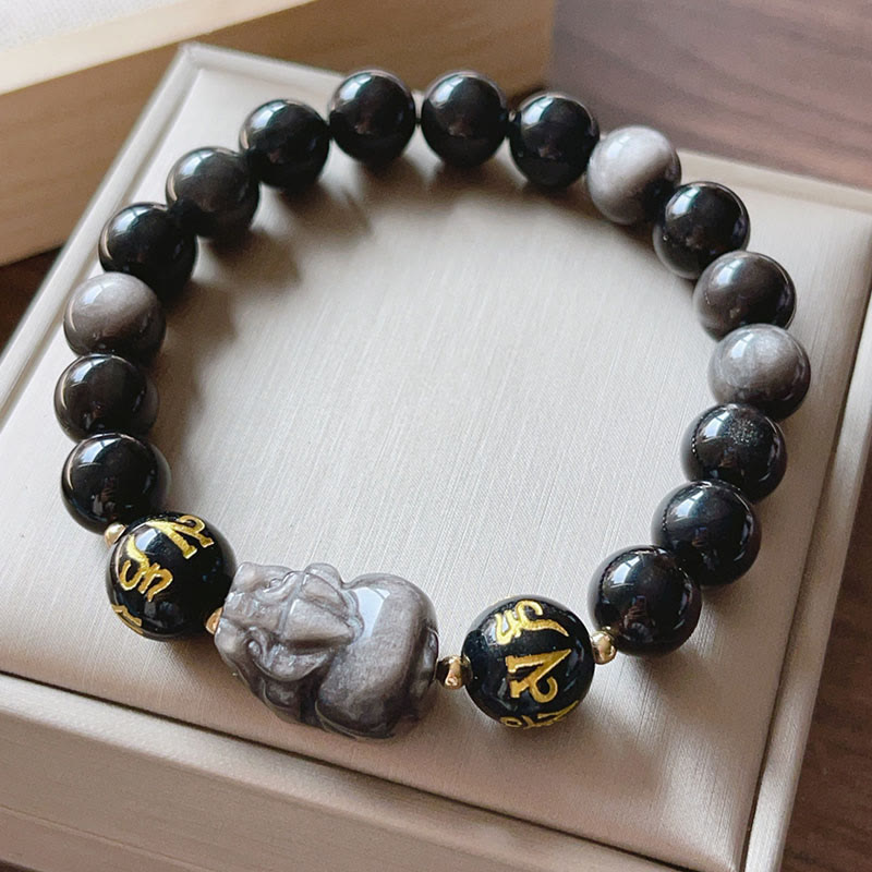 Nimara Ritual Natural Silver Sheen Obsidian Black Obsidian Om Mani Padme Hum Pixiu Protection Bracelet