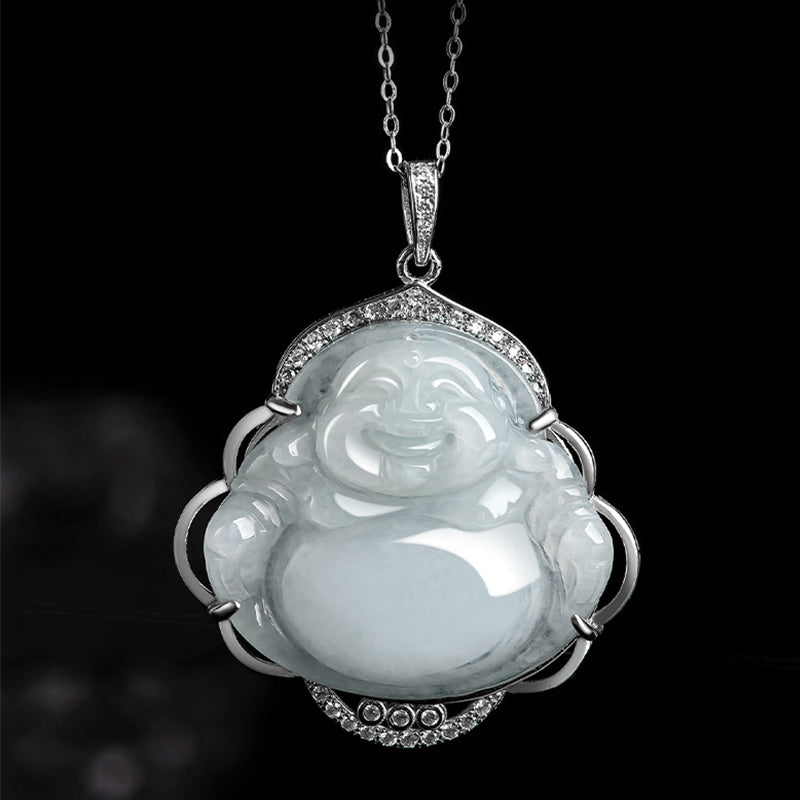 Nimara Ritual Laughing Buddha Natural Jade Abundance Titanium Steel Chain Necklace Pendant