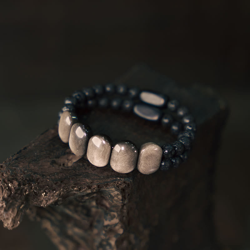 Nimara Ritual Natural Silver Sheen Obsidian Lava Rock Communication Bracelet
