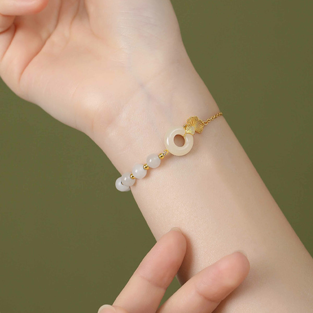 Nimara Ritual 925 Sterling Silver Hetian White Jade Peace Buckle Ginkgo Leaf Luck Bracelet