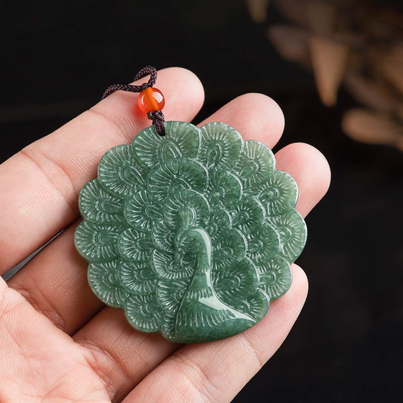 Nimara Ritual Natural Jade Peacock Luck Prosperity Necklace Pendant