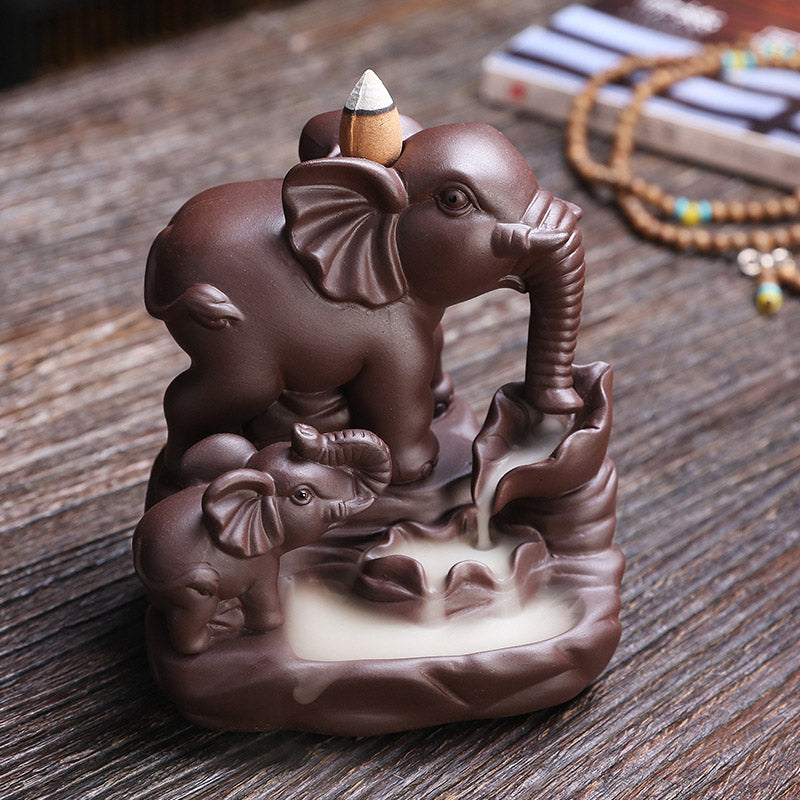 Nimara Ritual Tibetan Elephant Purple Clay Backflow Smoke Fountain Protection Incense Burner Decoration
