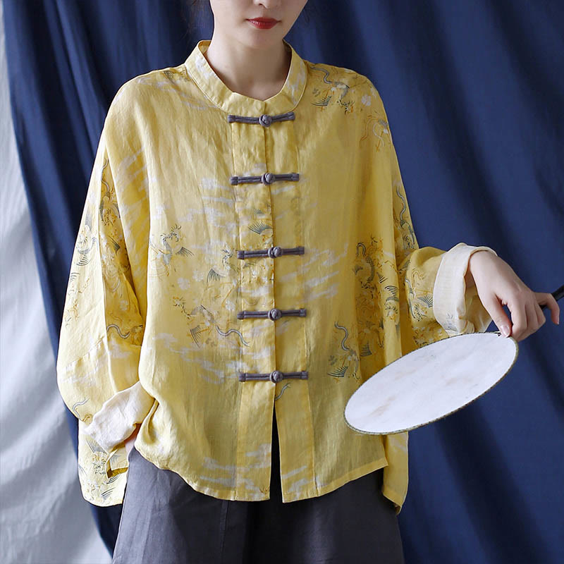 Nimara Ritual Yellow Phoenix Print Frog-button Design Long Sleeve Ramie Linen Jacket Shirt