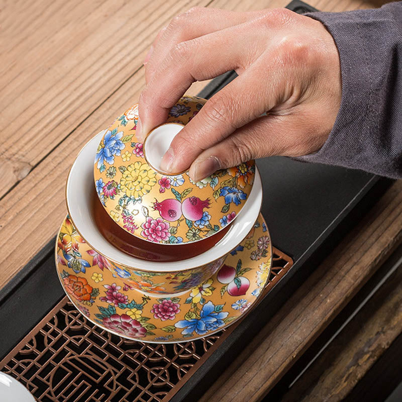 Nimara Ritual Peony Flowers Ceramic Gaiwan Sancai Teacup Kung Fu Tea Cup And Saucer With Lid