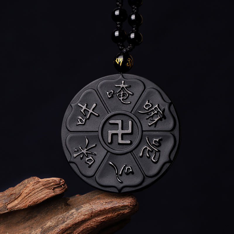 Nimara Ritual Natural Black Obsidian Tibetan Om Mani Padme Hum Buddha Swastika Luck Necklace Pendant