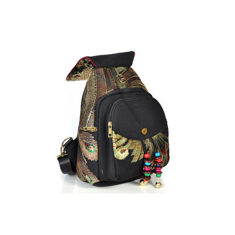 Nimara Ritual Peacock Embroidery Canvas Tassel Backpack