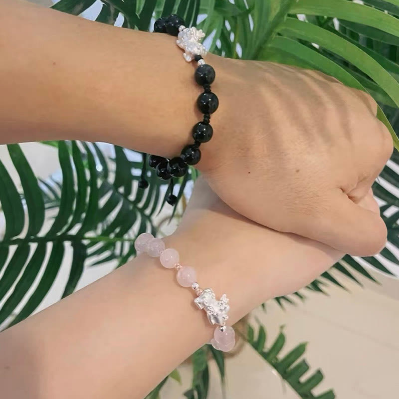 Nimara Ritual Natural Black Obsidian Cat's Eye Pink Crystal PiXiu Strength Bracelet