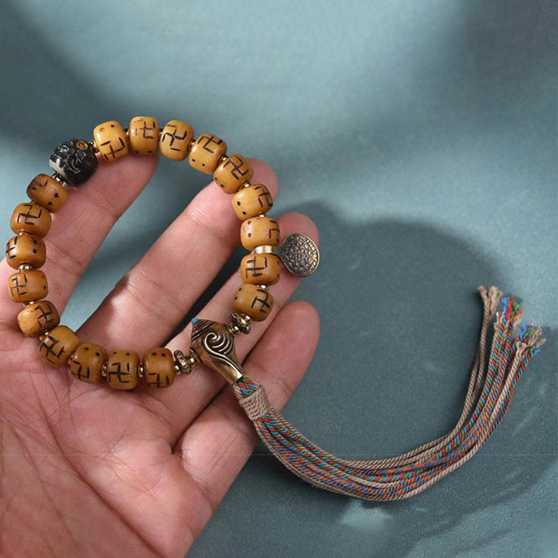 Nimara Ritual Natural Tibetan Camel Bone Swastika Dzi Bead Shankha Buddha Charm Kirtimukha Luck Protection Tassel Bracelet