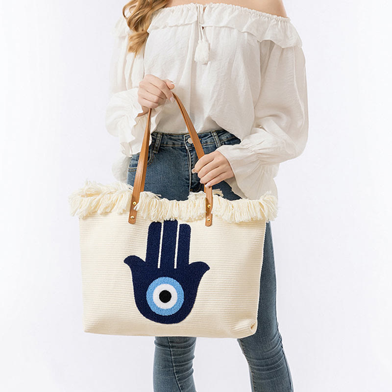 Nimara Ritual Large Capacity Evil Eye Leaf Hamsa Tassel Canvas Tote Shoulder Bag