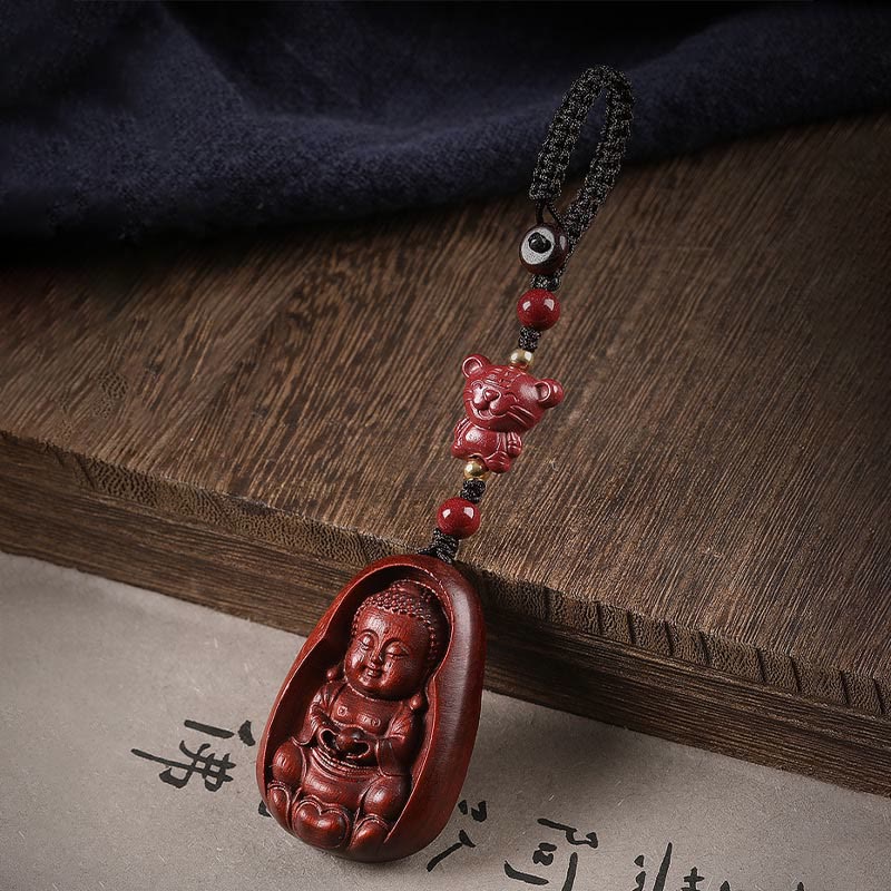 Nimara Ritual Small Leaf Red Sandalwood Buddha Cinnabar Chinese Zodiac Amulet Protection Key Chain