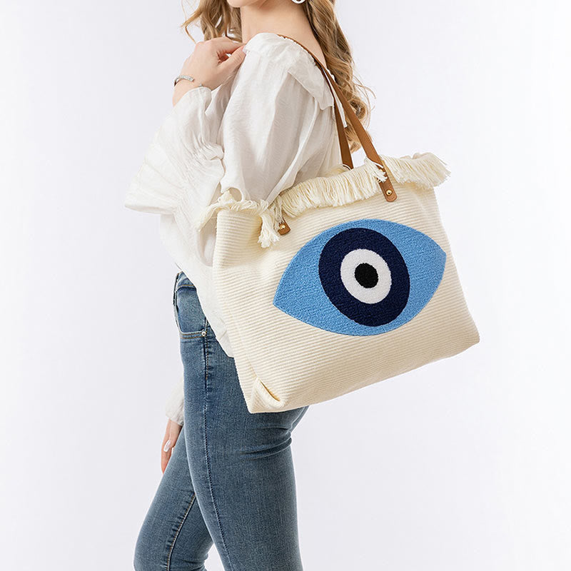 Nimara Ritual Large Capacity Evil Eye Leaf Hamsa Tassel Canvas Tote Shoulder Bag