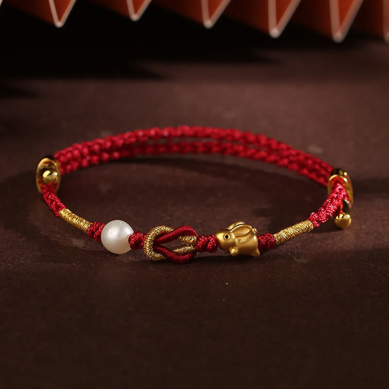Nimara Ritual 24K Gold Wish Ruyi Handle Fu Character Rabbit Pearl Luck Braided Bracelet