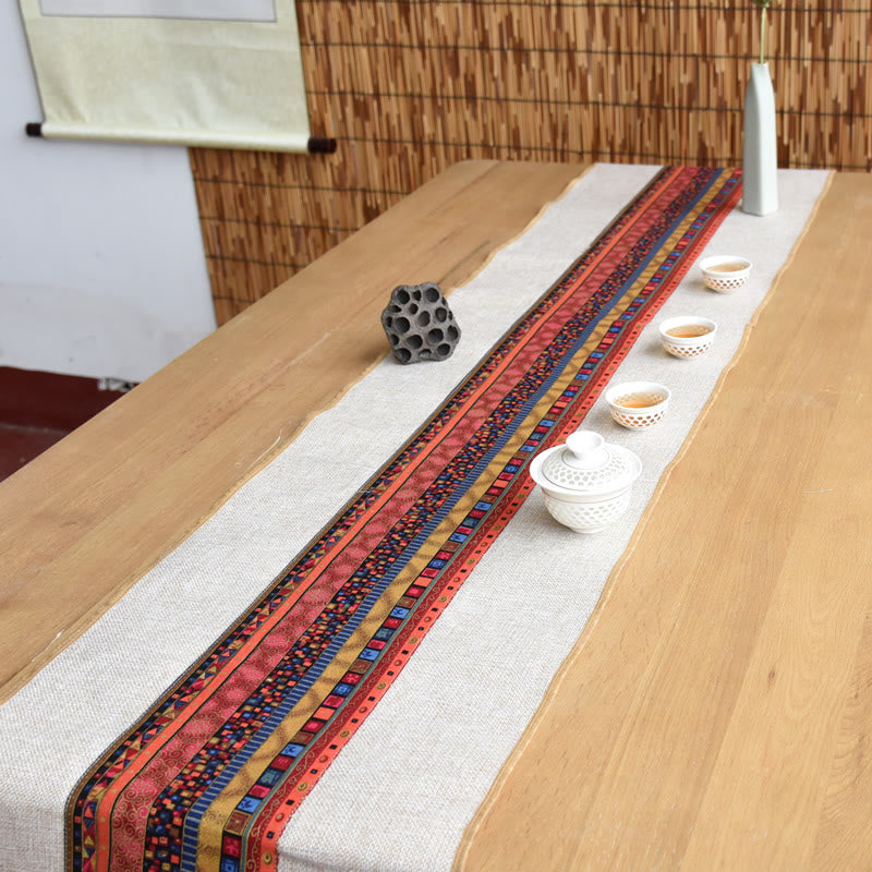 Nimara Ritual Classic Chinese Style Lotus Koi Fish Flower Crane Calligraphy Enlightenment Cotton Linen Tassels Table Runner