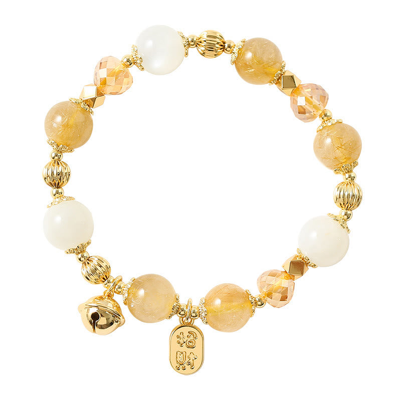 Nimara Ritual 14K Gold Plated Golden Rutilated Quartz Wealth Bell Lucky Fortune Charm Bracelet