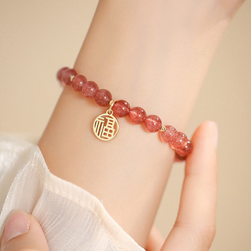 Nimara Ritual 14K Gold Plated Strawberry Quartz Fu Character Healing Charm Bracelet