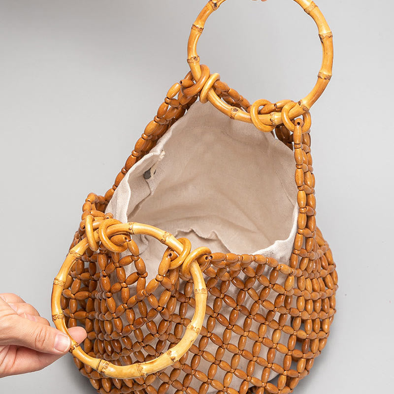 Nimara Ritual Hand-woven Wooden Beads Bamboo Handle Shoulder Bag Handbag